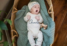Load image into Gallery viewer, Personalized Baby Boy Outfit | Natural Cotton Romper Beige Stripe Initial Baby Name
