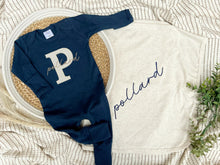 Load image into Gallery viewer, Personalized Navy Blue Beige Baby Boy Outfit | Navy Blue Romper Biege Stripe
