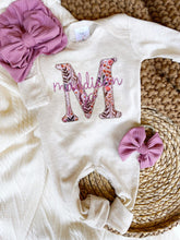 Load image into Gallery viewer, Personalized Baby Girl Outfit | Oatmeal Romper Floral Purple Pink Baby Initials - Madison Harper
