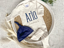 Load image into Gallery viewer, Personalized Baby Boy Outfit | Oatmeal Beige Romper Navy Blue Baby Name
