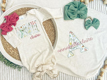 Load image into Gallery viewer, Personalized Baby Girl | Oatmeal Knotted Gown Green White Floral Pink with Name
