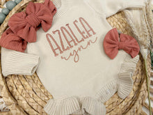 Load image into Gallery viewer, Personalized Baby Girl Newborn Outfit | Oatmeal Sweater Romper Pink Baby Name
