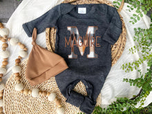 Load image into Gallery viewer, Personalized Baby Boy Name Outfit | Charcoal Gray Romper Tan Gray Plaid Initial
