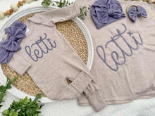 Load image into Gallery viewer, Personalized Baby Girl Outfit | Mocha Brown Romper Ellison Purple Chunky Chain Stitch Baby Name
