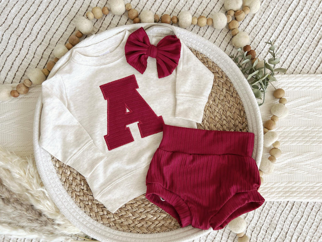 Personalized Baby Sweatshirt Set | Oatmeal Pullover Red Letter Game Day Baby Name