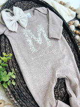 Load image into Gallery viewer, Personalized Baby Girl Outfit | Mocha Brown Romper Ivory Floral Letter - Molly Maelyn
