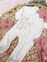 Load image into Gallery viewer, Personalized Baby Girl Newborn Outfit | Oatmeal Zip Romper Custom Color Baby Name

