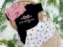 Load image into Gallery viewer, Personalized Baby Girl Outfit | Black Bodysuit Black Bow Skirt Baby Name- Evelyn
