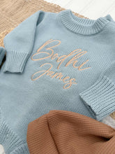 Load image into Gallery viewer, Personalized Baby Boy Outfit | Sweater Bubble Romper Blue Baby Name
