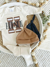 Load image into Gallery viewer, Personalized Baby Boy Name Outfit | Oatmeal Beige Romper Football Brown Big Initial
