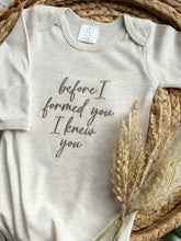 Load image into Gallery viewer, Newborn Baby Outfit | Before I Formed You Oatmeal Knotted Gown
