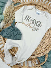 Load image into Gallery viewer, Personalized Baby Boy Newborn Outfit | Natural Oatmeal Romper Duck Baby Boy Name
