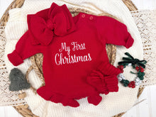 Load image into Gallery viewer, My First Christmas Baby Girl Sweater Romper – Red
