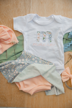 Load image into Gallery viewer, Personalized Baby Girl Outfit | White Bodysuit Small Flowers Skirt Green Baby Name
