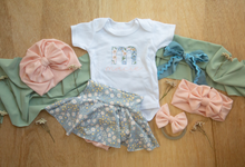 Load image into Gallery viewer, Personalized Baby Girl Outfit | White Bodysuit Small Flowers Skirt Green Baby Name
