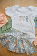 Load image into Gallery viewer, Personalized Baby Girl Outfit | White Bodysuit Small Flowers Skirt Green Baby Name
