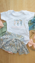 Load image into Gallery viewer, Personalized Baby Girl Outfit | White Bodysuit Small Flowers Skirt Green Baby Name
