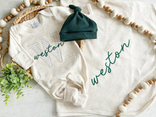 Load image into Gallery viewer, Personalized Baby Boy Outfit | Oatmeal Romper Light Blue Stripe Initial And Baby Name
