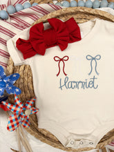 Load image into Gallery viewer, Fourth of July baby, Personalized USA baby outfit with bows
