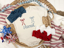 Load image into Gallery viewer, Fourth of July baby, Personalized USA baby outfit with bows
