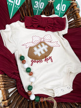 Load image into Gallery viewer, Baby Girl Football Outfit With Bow – Game Day Bodysuit
