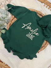 Load image into Gallery viewer, Personalized Green Baby Girl Christmas Sweater Romper

