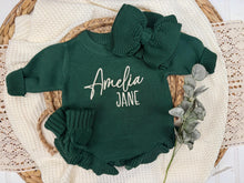 Load image into Gallery viewer, Personalized Green Baby Girl Christmas Sweater Romper
