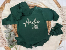 Load image into Gallery viewer, Personalized Green Baby Girl Christmas Sweater Romper
