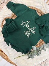 Load image into Gallery viewer, Personalized Green Baby Girl Christmas Sweater Romper

