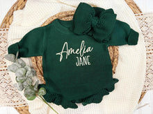 Load image into Gallery viewer, Personalized Green Baby Girl Christmas Sweater Romper

