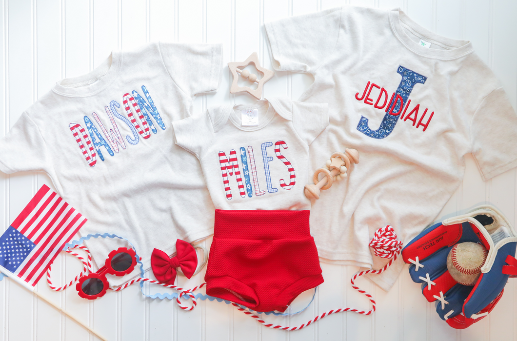 Personalized Baby Boy Outfit | Oatmeal Beige Bodysuit Red White and Blue Custom Baby Name
