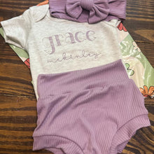 Load image into Gallery viewer, Personalized Baby Girl Outfit | Oatmeal Beige Bodysuit Sage Green Baby Name
