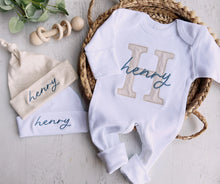 Load image into Gallery viewer, Personalized Baby Boy Outfit | White Romper Taupe Baby Name Big Letter
