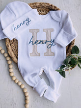 Load image into Gallery viewer, Personalized Baby Boy Outfit | White Romper Taupe Baby Name Big Letter

