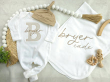 Load image into Gallery viewer, Personalized Baby Boy Outfit | White Romper Taupe Baby Name Big Letter
