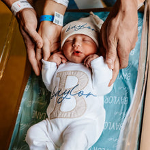 Load image into Gallery viewer, Personalized Baby Boy Outfit | White Romper Taupe Baby Name Big Letter
