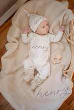 Load image into Gallery viewer, Personalized Baby Boy Outfit | Oatmeal Romper Light Blue Stripe Initial And Baby Name
