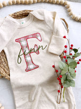 Load image into Gallery viewer, Personalized Christmas baby gown and hat set, Christmas plaid, custom coming home outfit, sleeper with footies, boy Christmas outfit
