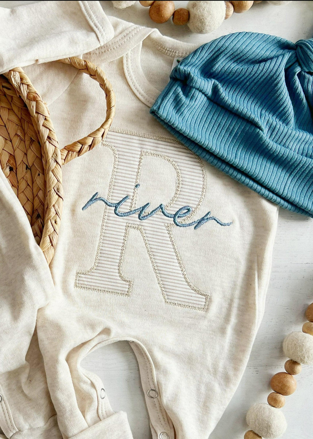 Personalized Baby Boy Outfit | Oatmeal Romper Baby Blue Stripe Big Letter - River