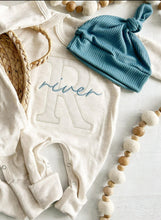 Load image into Gallery viewer, Personalized Baby Boy Outfit | Oatmeal Romper Baby Blue Stripe Big Letter - River
