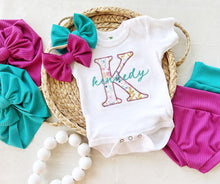 Load image into Gallery viewer, Personalized baby girl outfit, floral baby girl outfit with bummies, baby girl outfit coming home outfit, personalized baby outfit with bows
