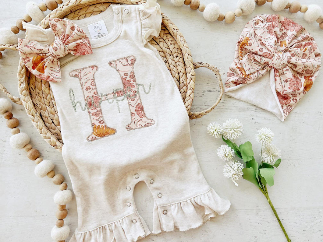 Personalized baby girl romper, vintage floral infant coming home outfit, baby shower gift, newborn outfit ruffle flutter, custom name