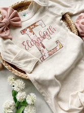 Load image into Gallery viewer, Personalized baby girl gown and bow set, custom coming home outfit for girl, baby shower gift, gold pink floral, cottagecore baby outfit
