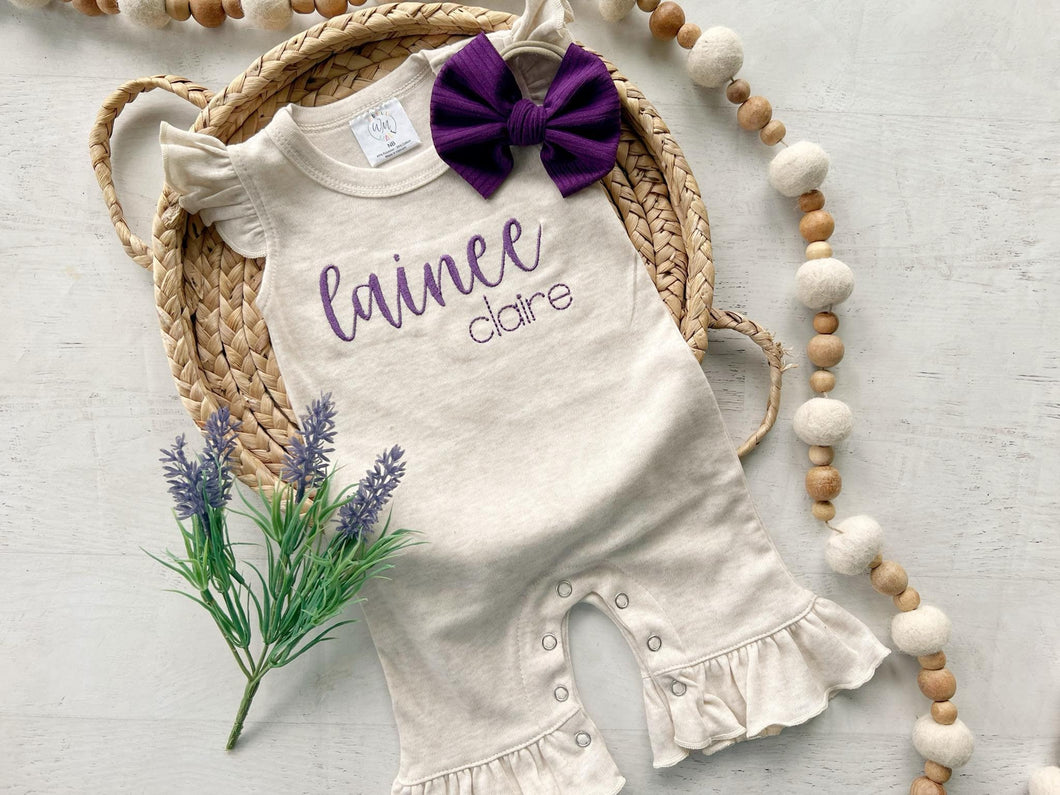 Personalized baby girl romper, vintage floral infant coming home outfit, baby shower gift, newborn outfit ruffle flutter, custom name purple