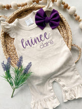 Load image into Gallery viewer, Personalized baby girl romper, vintage floral infant coming home outfit, baby shower gift, newborn outfit ruffle flutter, custom name purple
