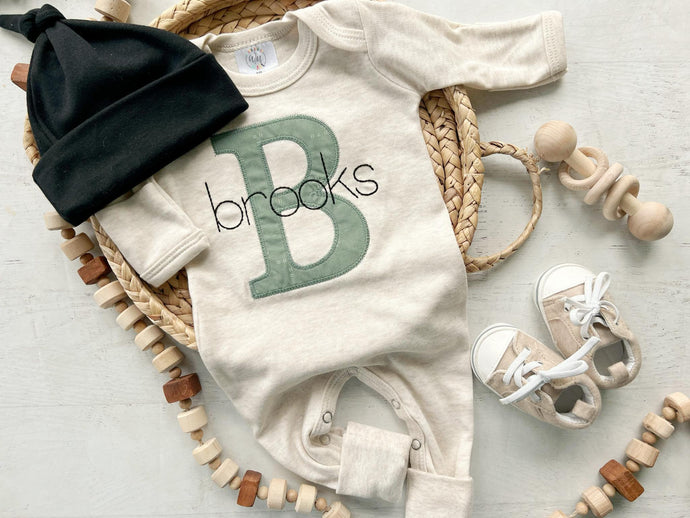 Personalized neutral baby romper and hat set, custom infant boy coming home outfit, baby shower gift, sleeper with footies green christmas