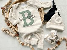 Load image into Gallery viewer, Personalized neutral baby romper and hat set, custom infant boy coming home outfit, baby shower gift, sleeper with footies green christmas
