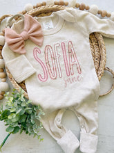 Load image into Gallery viewer, Personalized baby girl romper and bow, pink infant girl coming home outfit, custom name, baby shower gift, sleeper with footies, hospital
