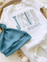 Load image into Gallery viewer, Personalized baby boy romper and bow set, custom coming home outfit for boy, baby shower gift, blue beige tan, cottagecore baby outfit
