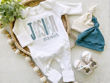 Load image into Gallery viewer, Personalized baby boy romper and bow set, custom coming home outfit for boy, baby shower gift, blue beige tan, cottagecore baby outfit
